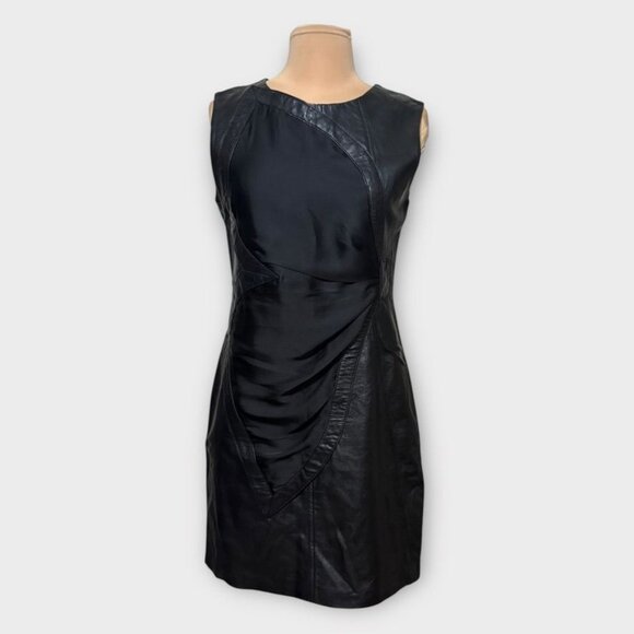 Vintage 2000s Leather Mini Dress Black 4 Butterfly Inset Retro Y2K Sheepskin EUC - Picture 1 of 6